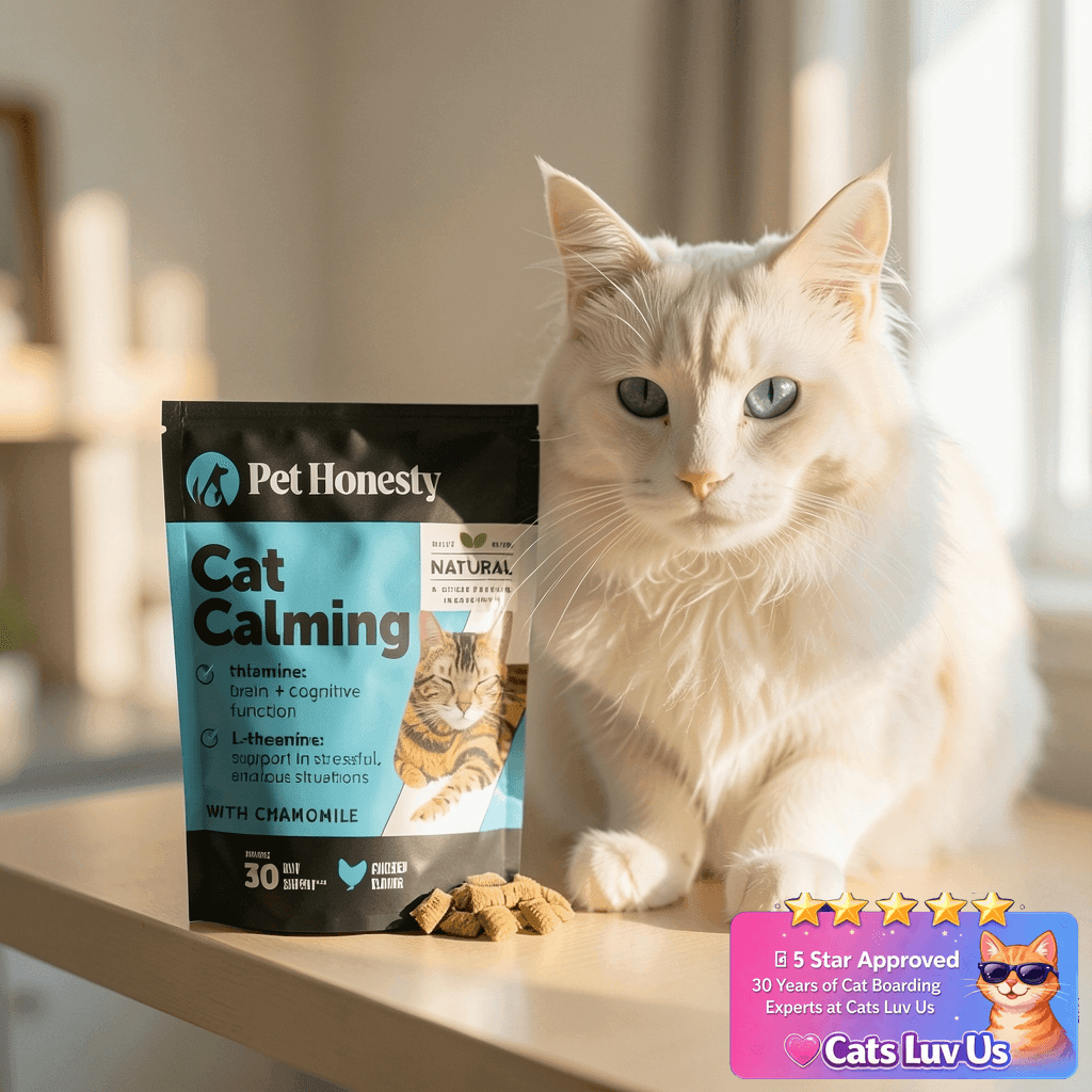Calming Chews for Cats - Cat Anxiety Relief + Helps Reduce with cat - professional product lifestyle photo
