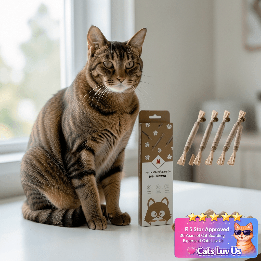Potaroma 3 Pack Natural Silvervine Sticks Cat Toys with cat - professional product lifestyle photo