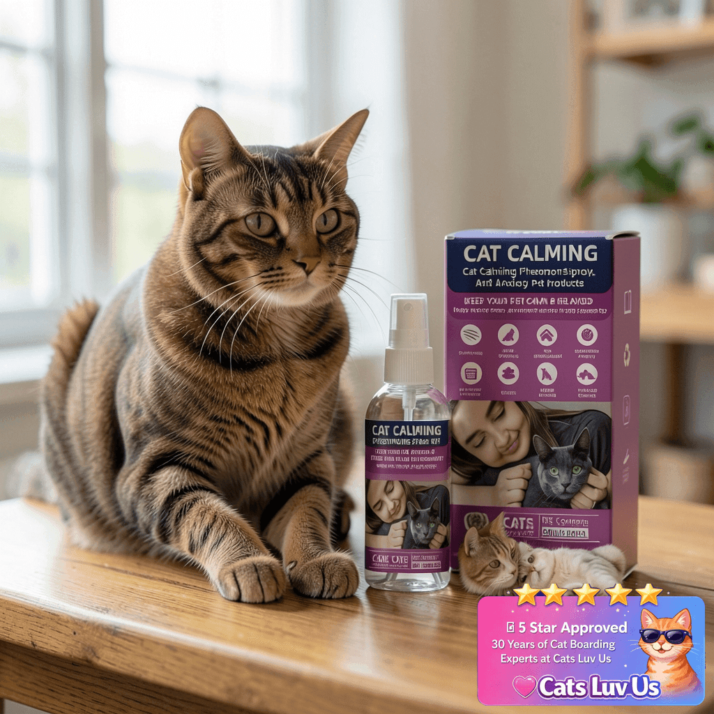 KODASNY Cat Calming Pheromone Spray Kit Feline Calm with cat - professional product lifestyle photo