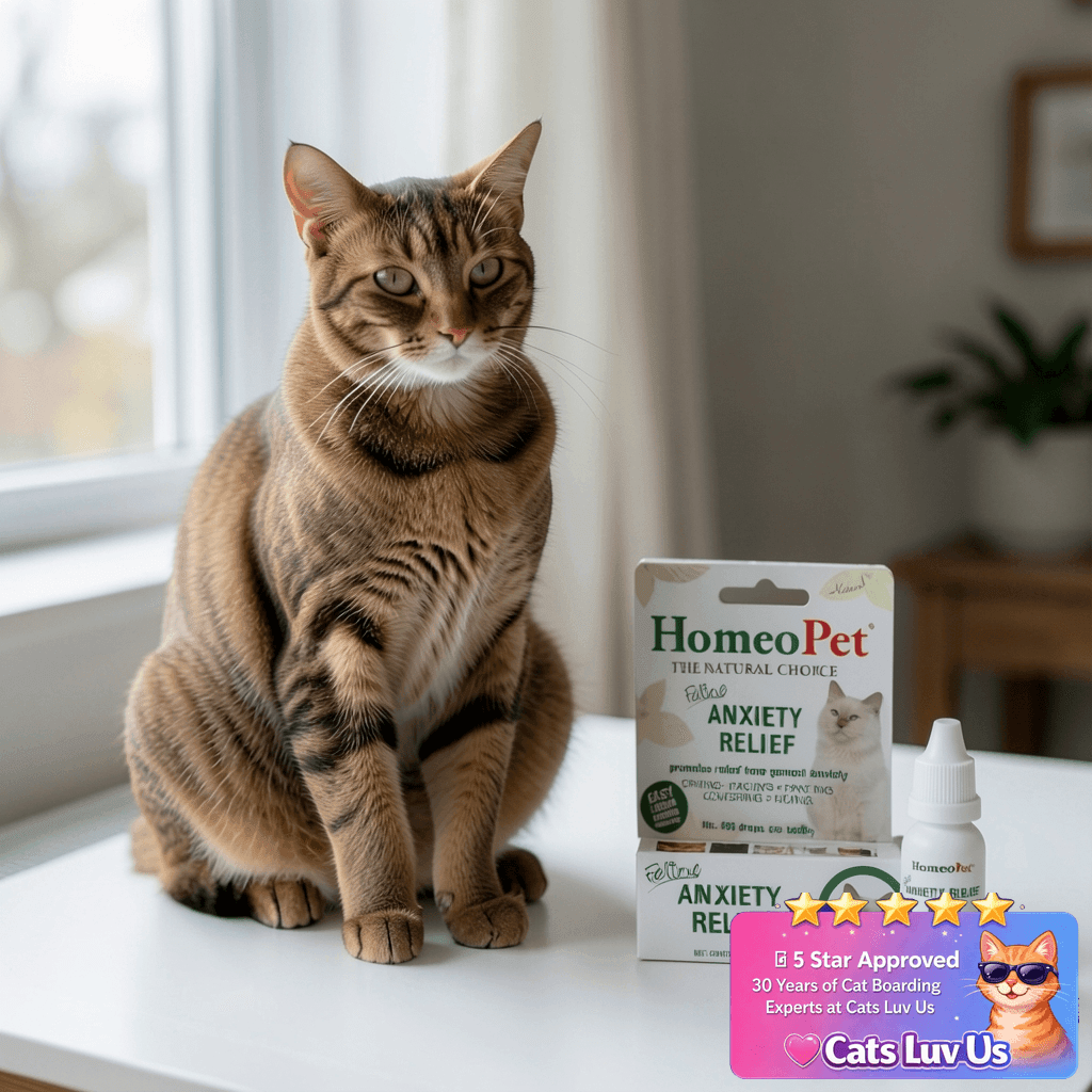 HomeoPet Feline Anxiety Relief with cat - professional product lifestyle photo