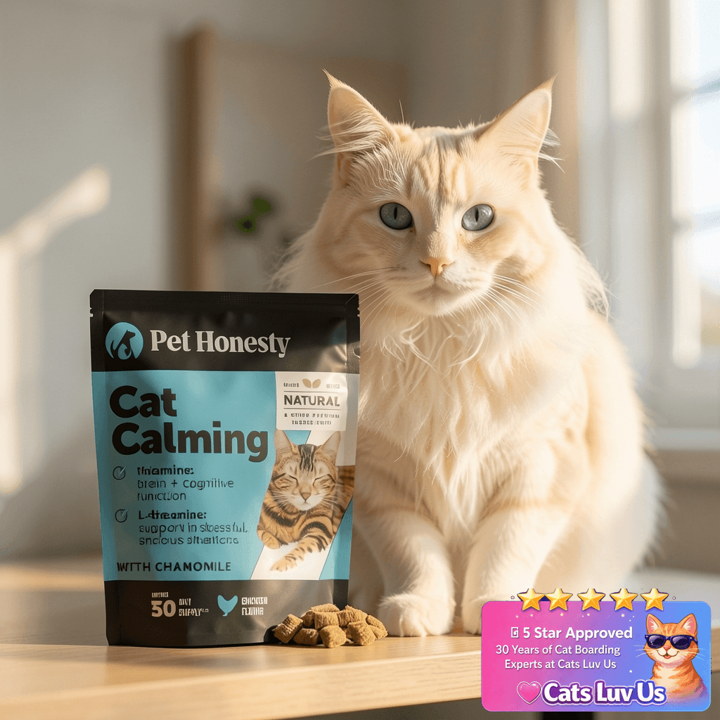 Calming Chews for Cats - Cat Anxiety Relief + Helps Reduce with cat - professional product lifestyle photo