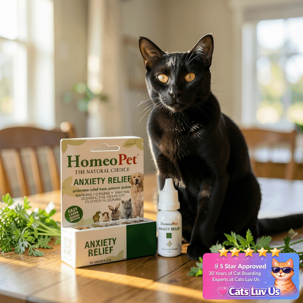 HomeoPet Anxiety Relief Medicine for Pets with cat - professional product lifestyle photo