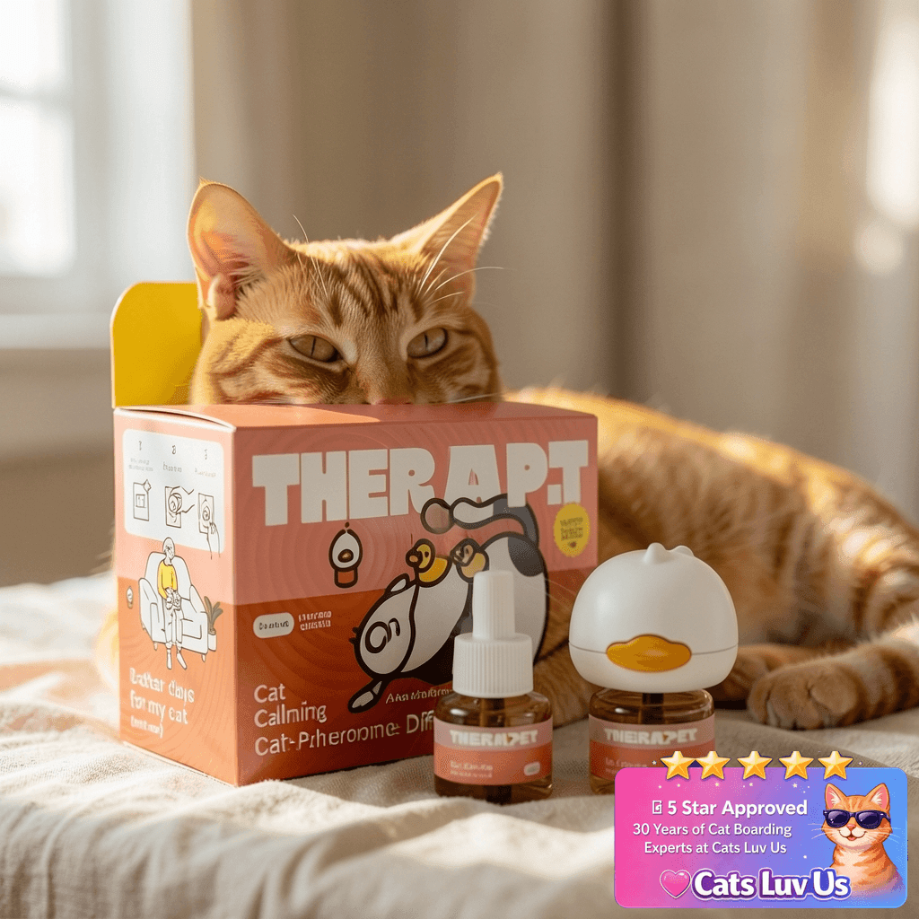 TherapetMD 60-Day Cat Calming Diffuser - Cat Pheromone with cat - professional product lifestyle photo