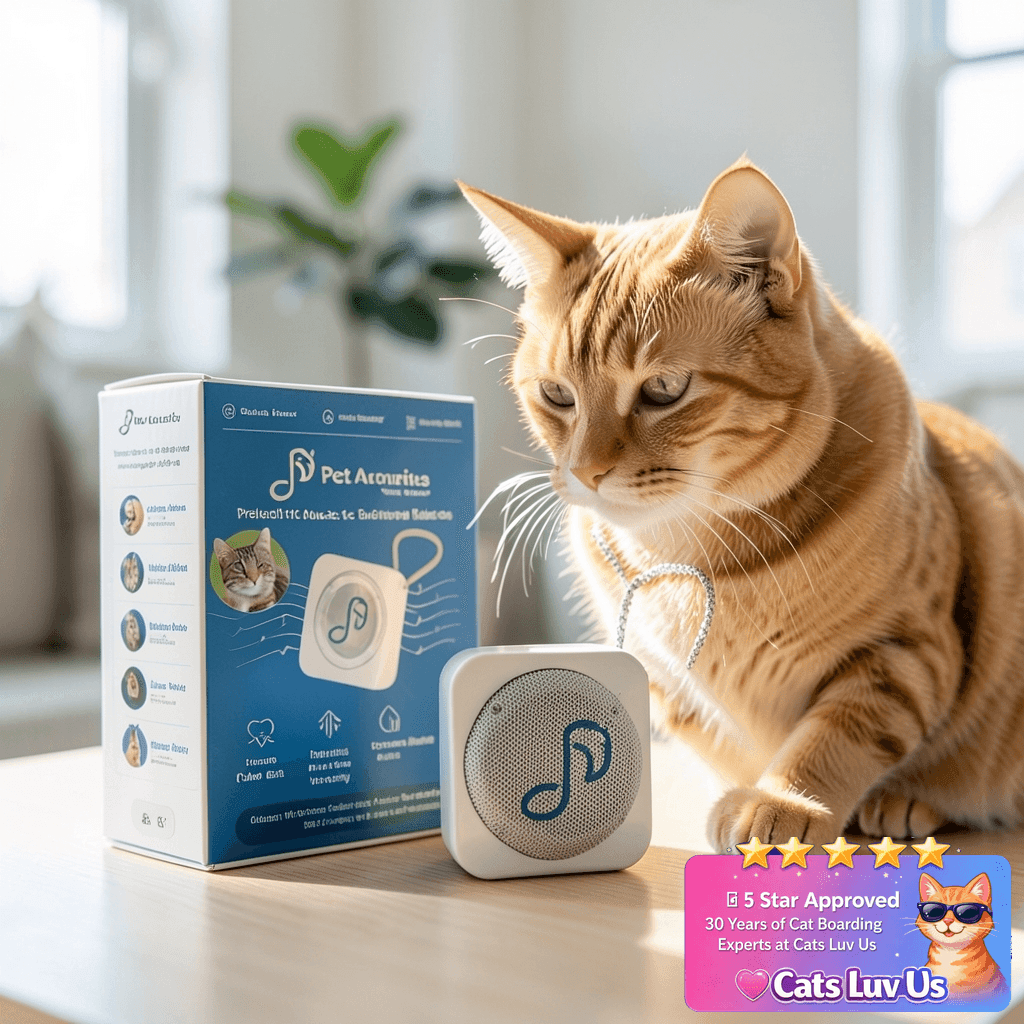 Pet Tunes Feline - Bluetooth Speaker with Preloaded Calming with cat - professional product lifestyle photo