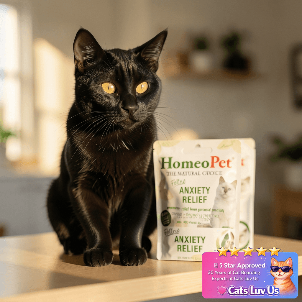 HomeoPet Feline Anxiety Relief with cat - professional product lifestyle photo