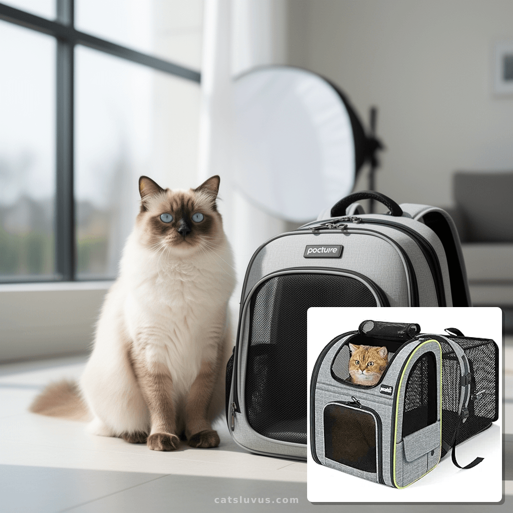 Pecute Cat Backpack Carrier Expandable with cat - professional product lifestyle photo