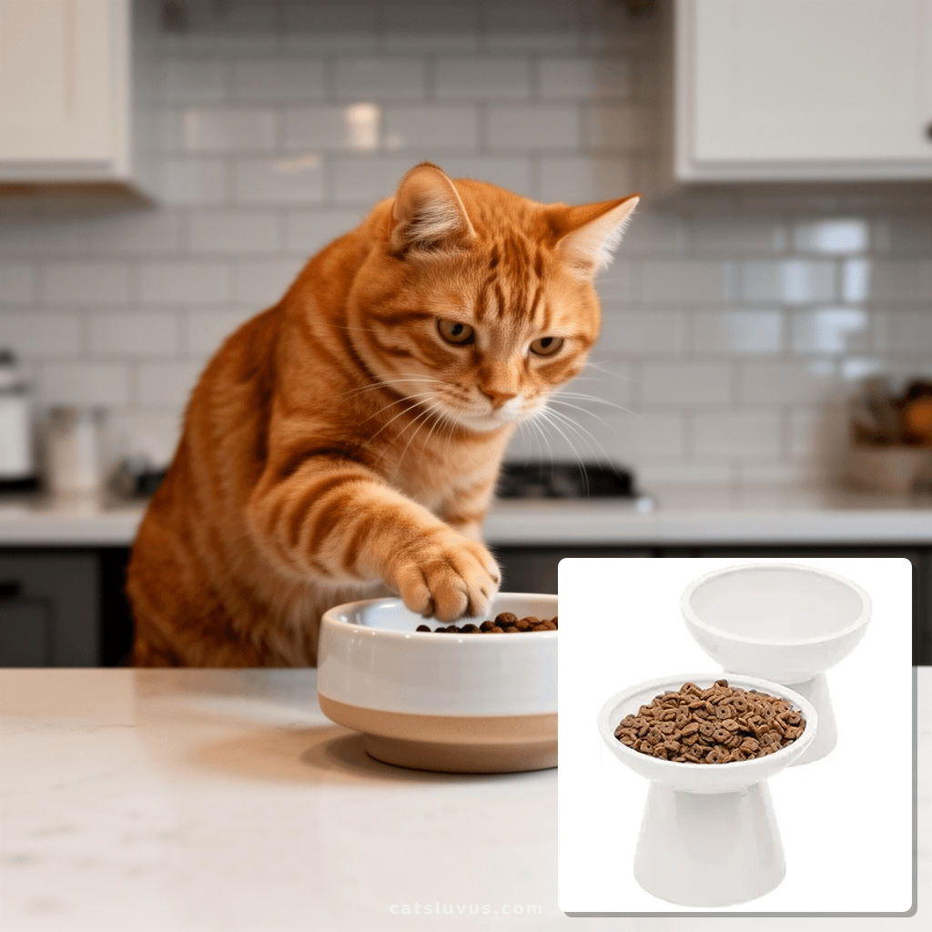 2 Elevated Ceramic Cat Bowls Extra Wide for Food & Water – W with cat - professional product lifestyle photo