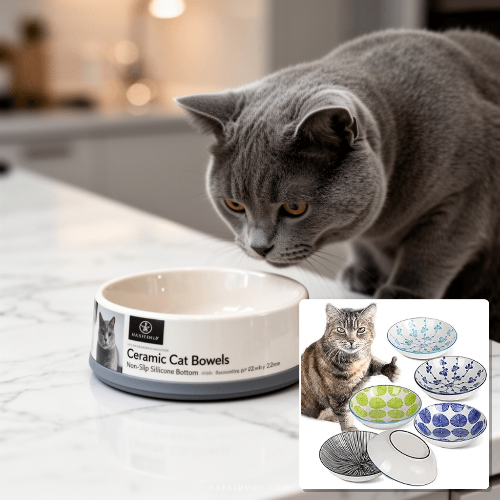 Ceramic Cat Bowls with Non-Slip Silicone Bottom with cat - professional product lifestyle photo