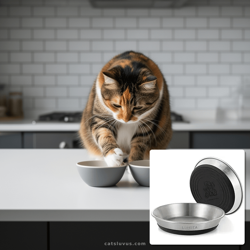 Cat Food Water Bowl Set with cat - professional product lifestyle photo