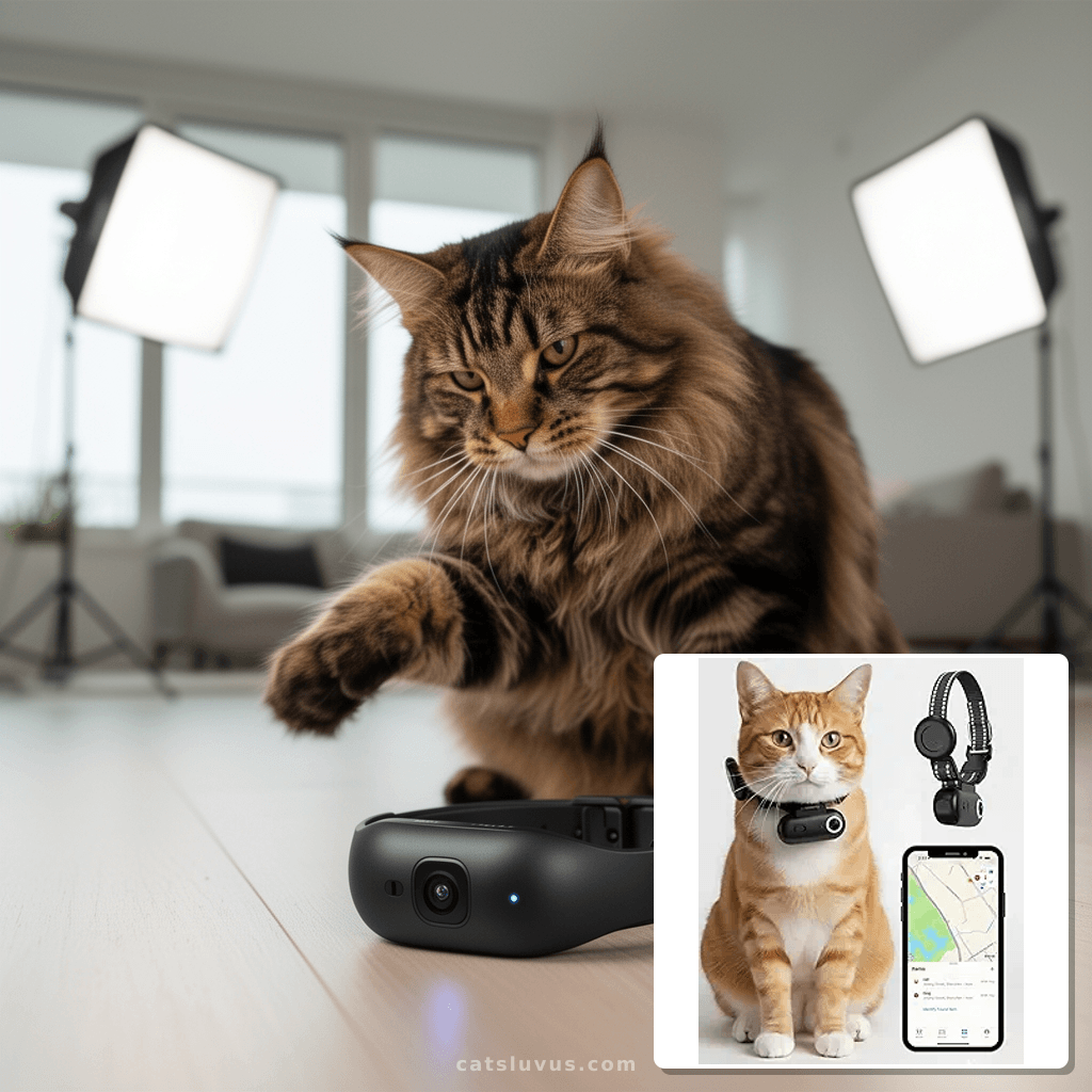 Cat Camera Collar with Tracker Tag with cat - professional product lifestyle photo