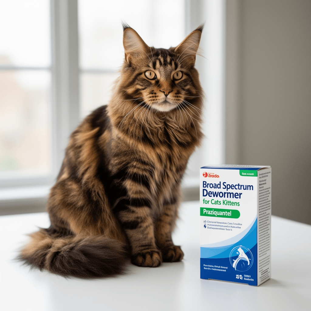 Broad Spectrum Dewormer for Cats and Kittens β Praziquantel with cat - professional product lifestyle photo