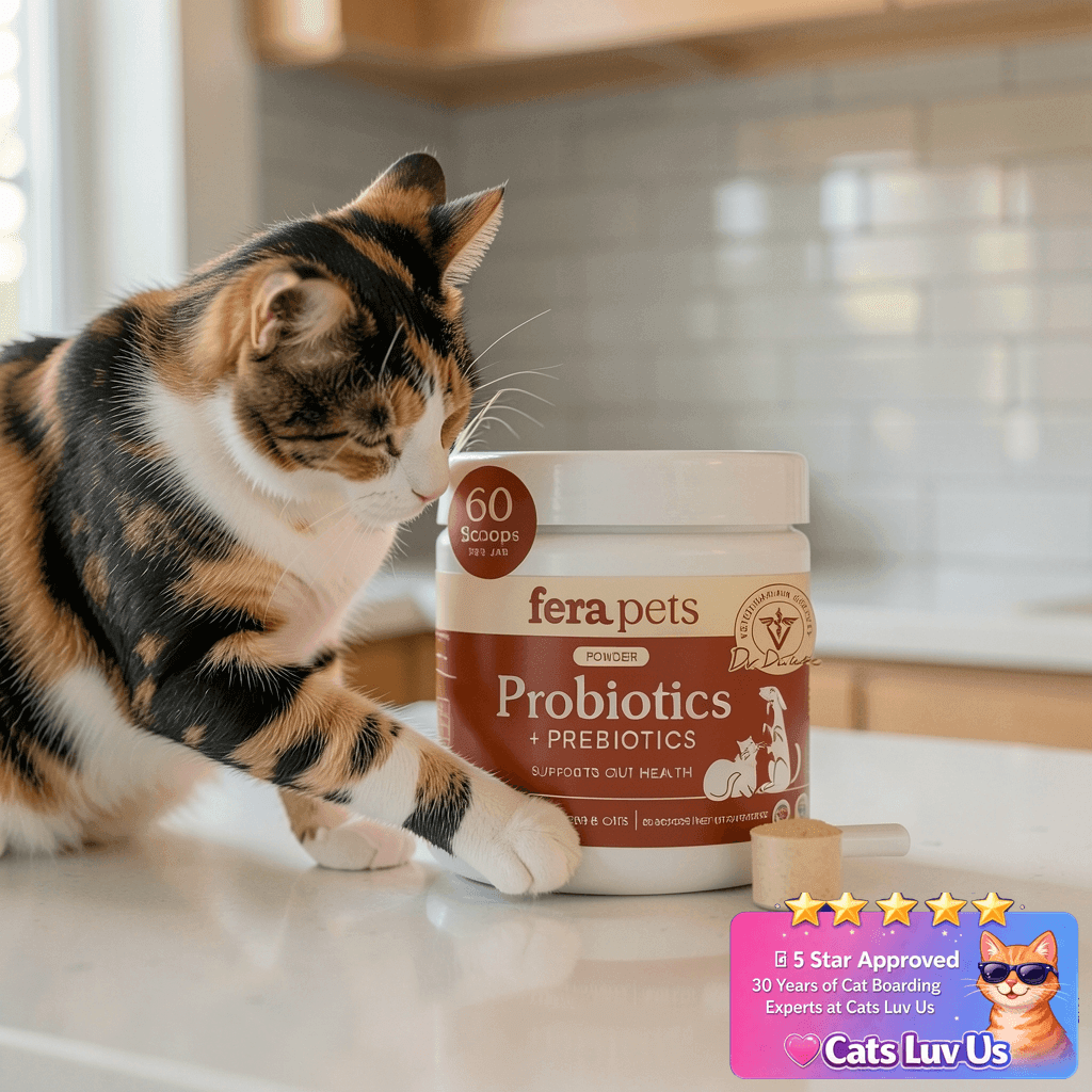 Fera Pets Probiotics for Dogs & Cats with Prebiotics - USDA with cat - professional product lifestyle photo
