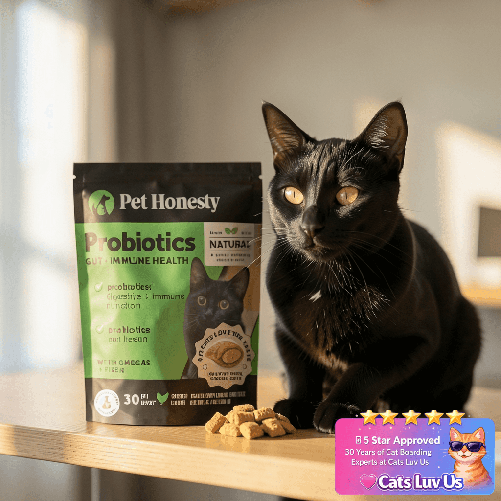 Cat Probiotics Gut + Immune Health Chews – Crunchy & Creamy with cat - professional product lifestyle photo