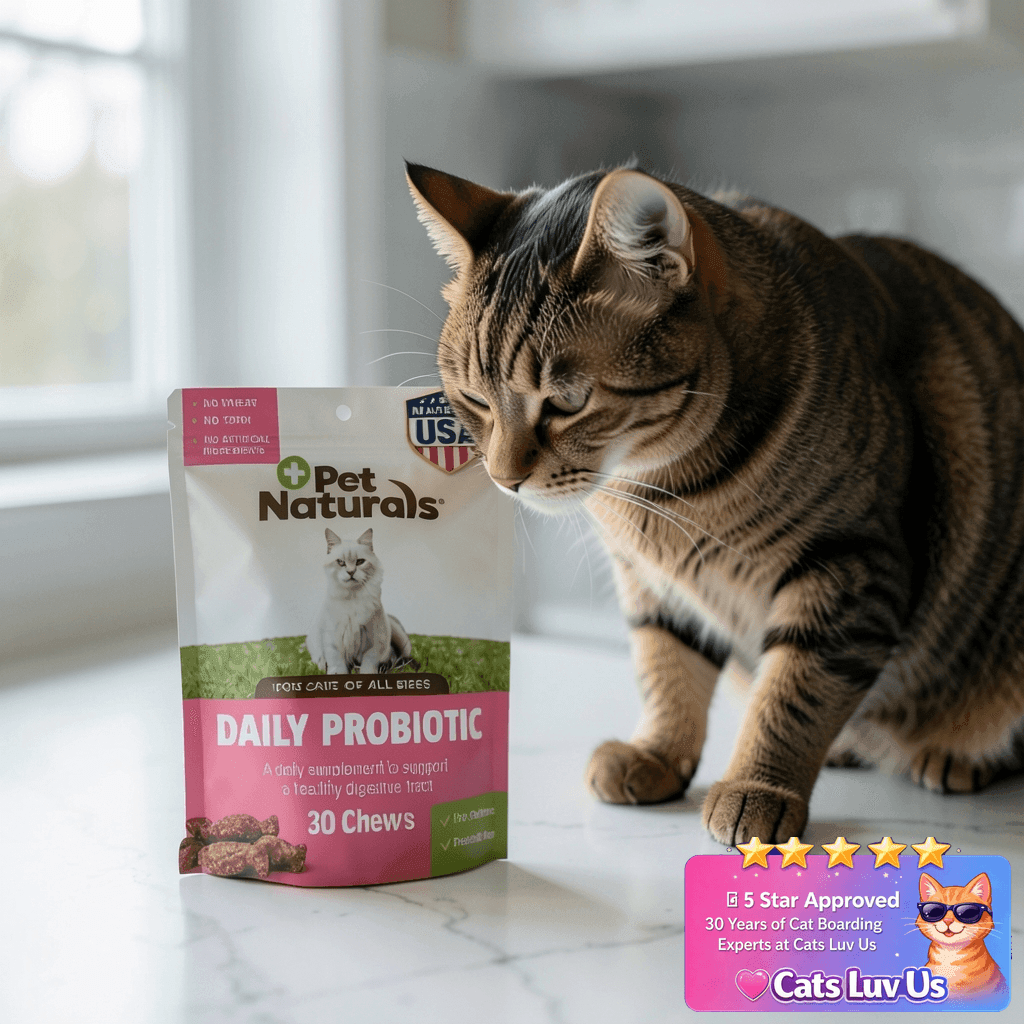 Pet Naturals Daily Probiotic Soft Chews for Cats with cat - professional product lifestyle photo