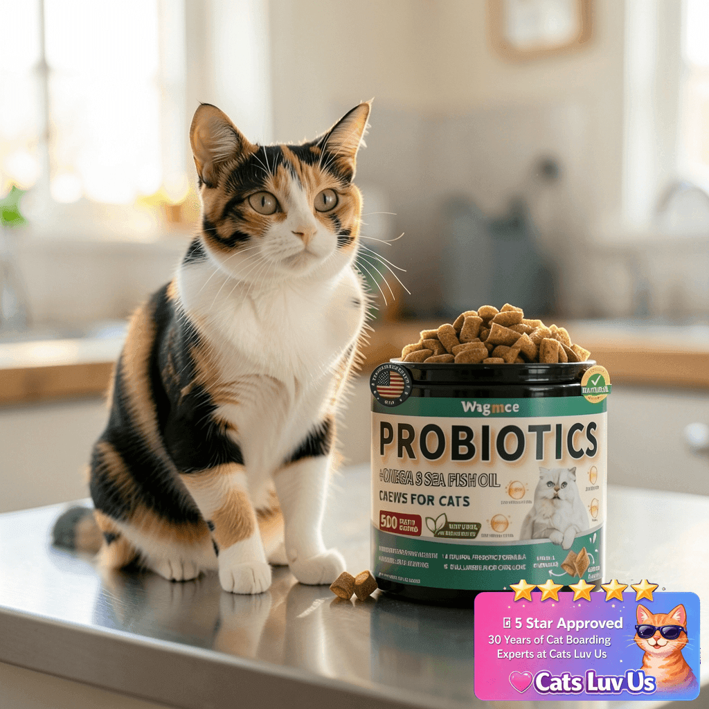 Cat Probiotics Tasty Chews –500 Chews Crunchy & Creamy with cat - professional product lifestyle photo