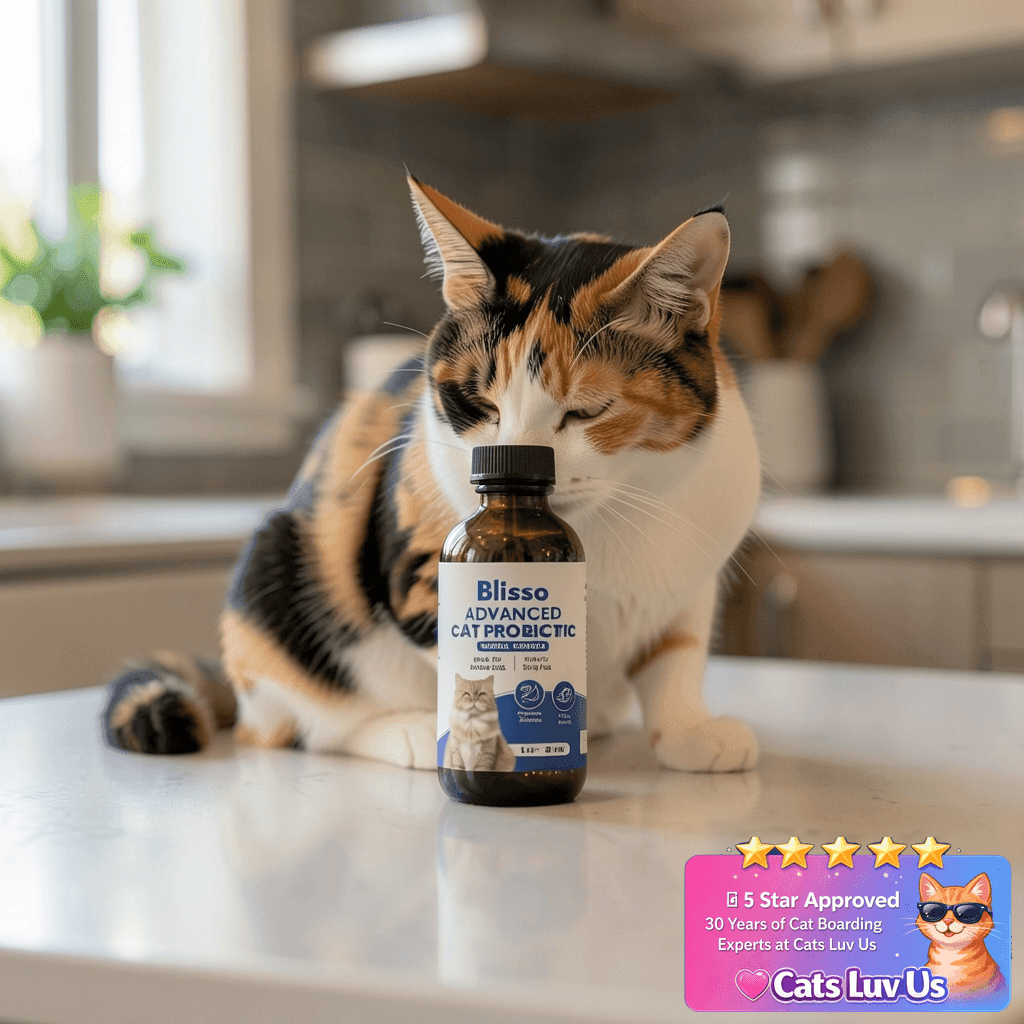 Blisso Pet Advanced Cat Probiotic Drops – Digestive Support with cat - professional product lifestyle photo