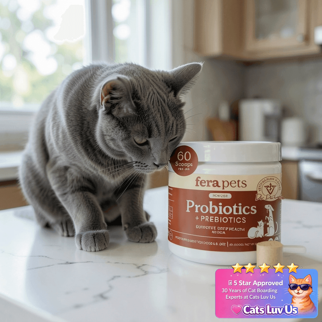 Fera Pets Probiotics for Dogs & Cats with Prebiotics - USDA with cat - professional product lifestyle photo