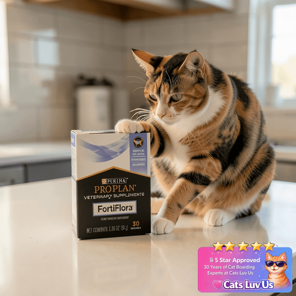 Purina Pro Plan Veterinary Supplements FortiFlora Daily with cat - professional product lifestyle photo
