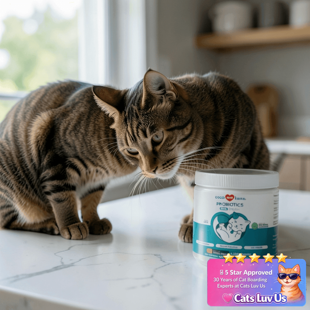 Probiotics for Cats - Diarrhea & Gas Support - with Inulin with cat - professional product lifestyle photo