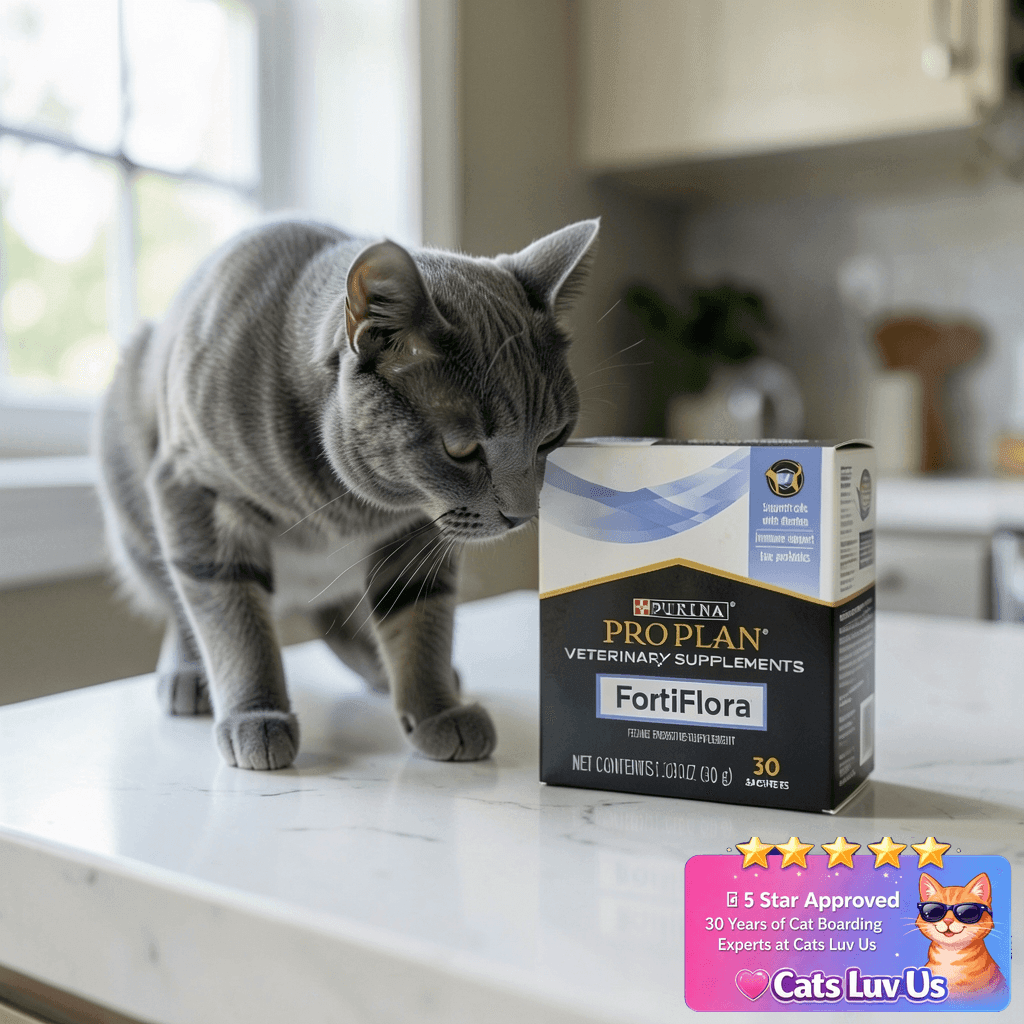 Purina Pro Plan Veterinary Supplements FortiFlora Daily with cat - professional product lifestyle photo