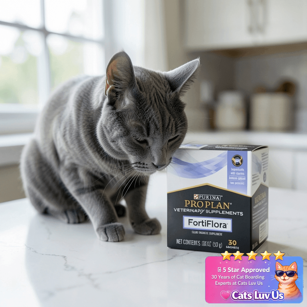Purina Pro Plan Veterinary Supplements FortiFlora Daily with cat - professional product lifestyle photo