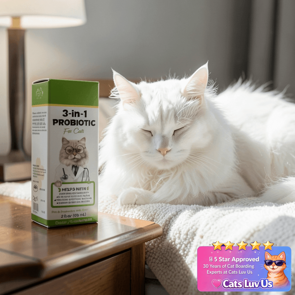 3-in-1 Probiotics for Cats with Digestive Enzymes & with cat - professional product lifestyle photo