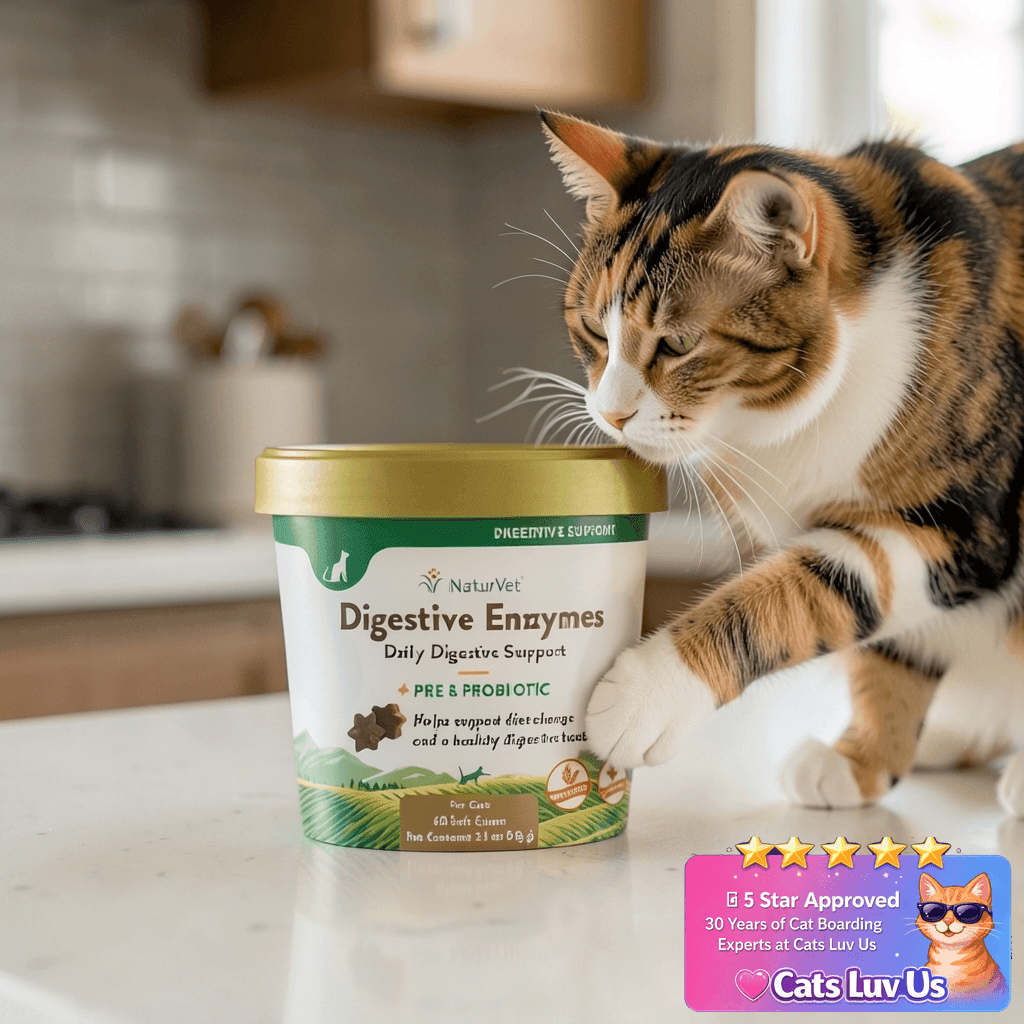 NaturVet – Digestive Enzymes for Cats Plus Probiotics – 60 with cat - professional product lifestyle photo