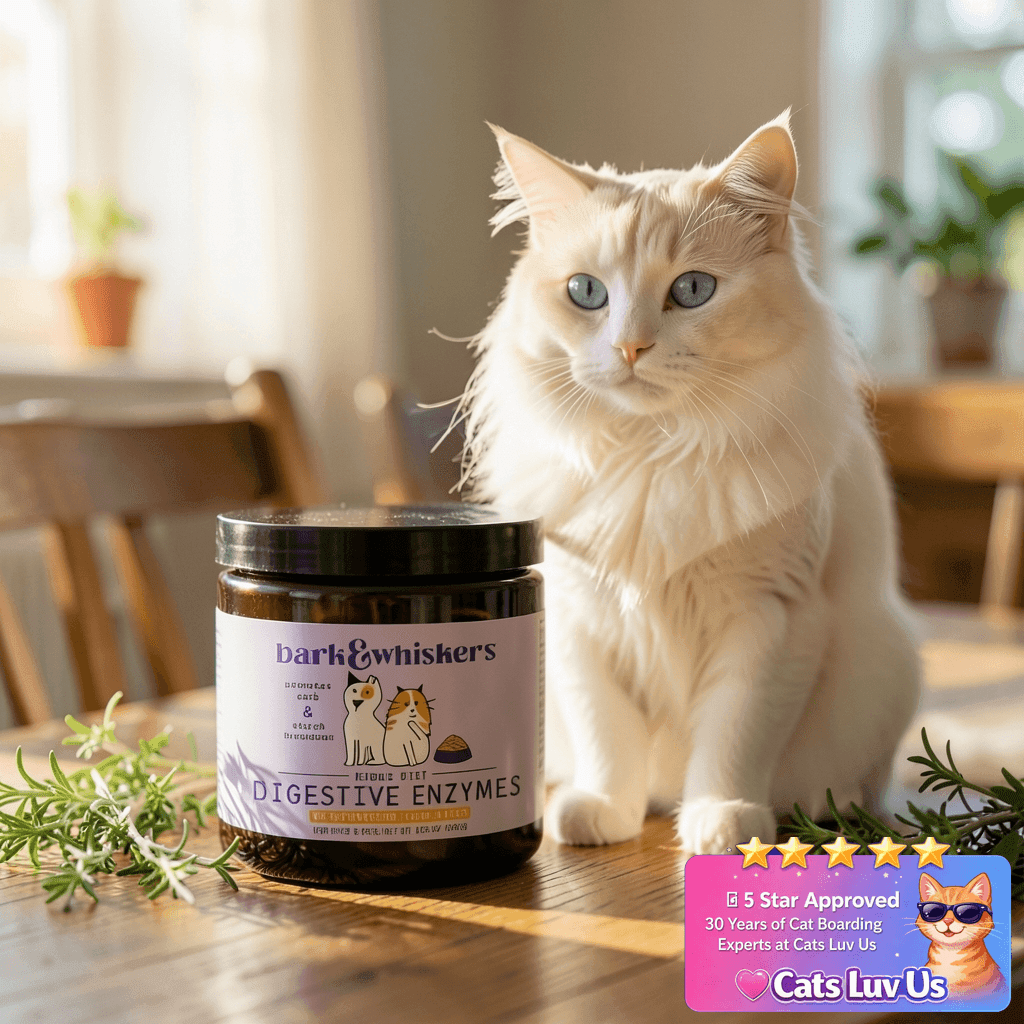 Dr. Mercola Bark & Whiskers Digestive Enzymes – Veterinarian with cat - professional product lifestyle photo