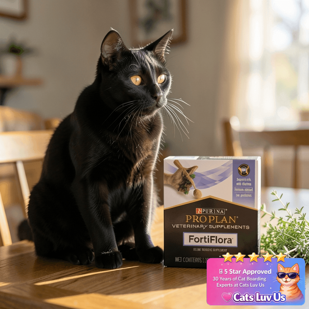 Purina Pro Plan Veterinary Supplements FortiFlora Daily with cat - professional product lifestyle photo