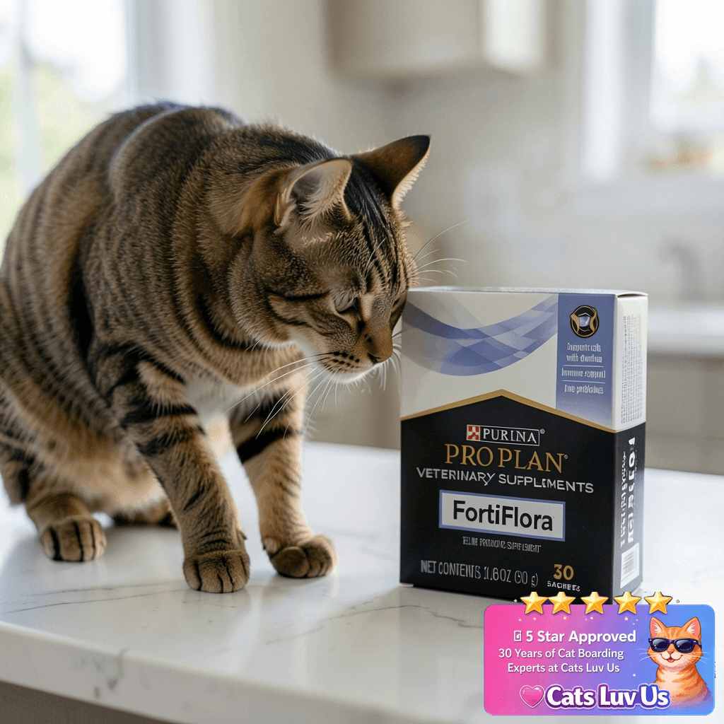 Purina Pro Plan Veterinary Supplements FortiFlora Daily with cat - professional product lifestyle photo