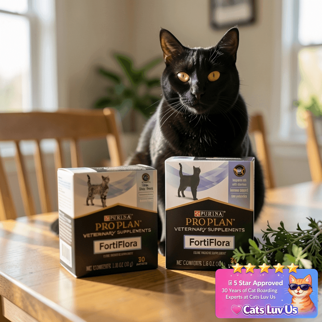 Purina Pro Plan Veterinary Supplements FortiFlora Daily with cat - professional product lifestyle photo