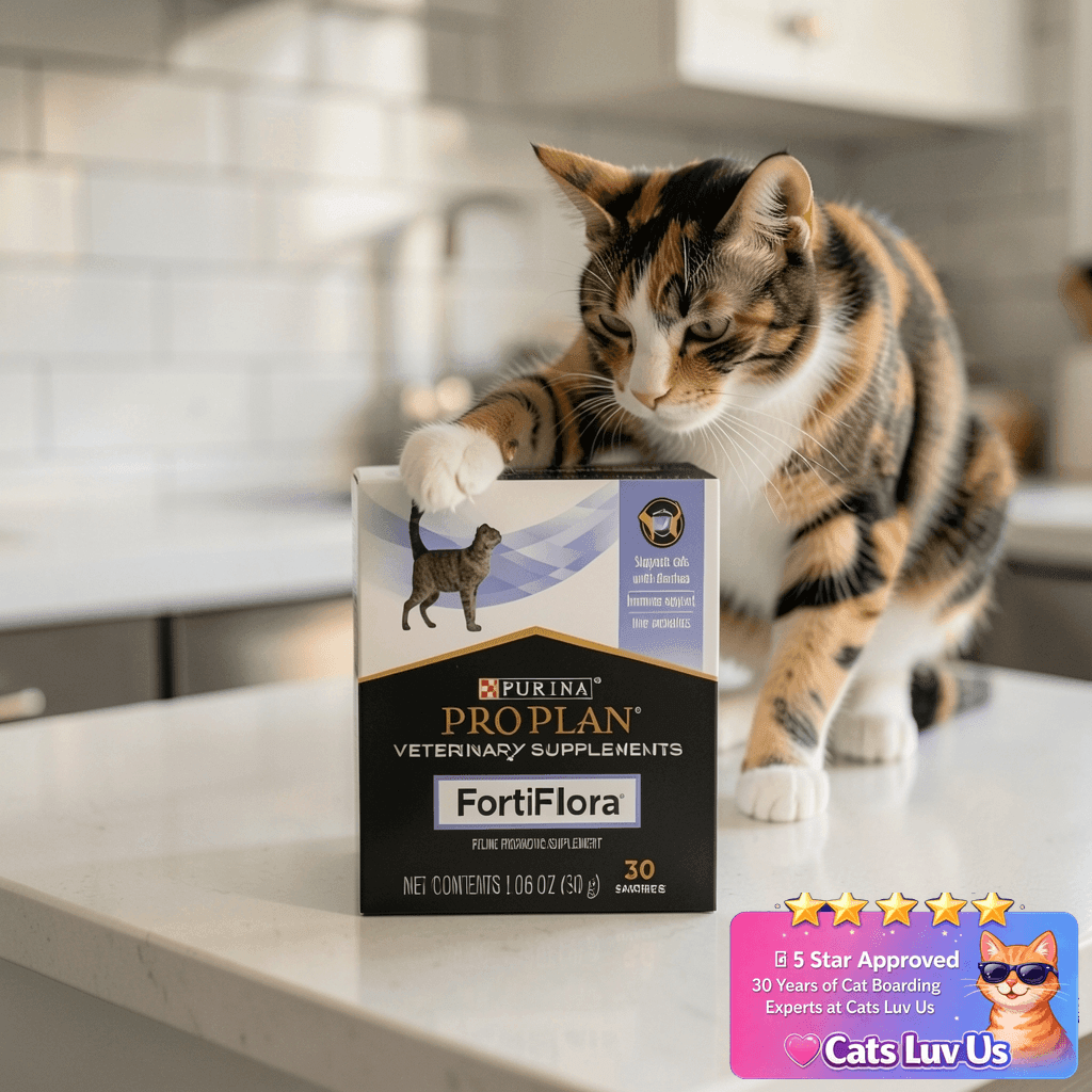 Purina Pro Plan Veterinary Supplements FortiFlora Daily with cat - professional product lifestyle photo