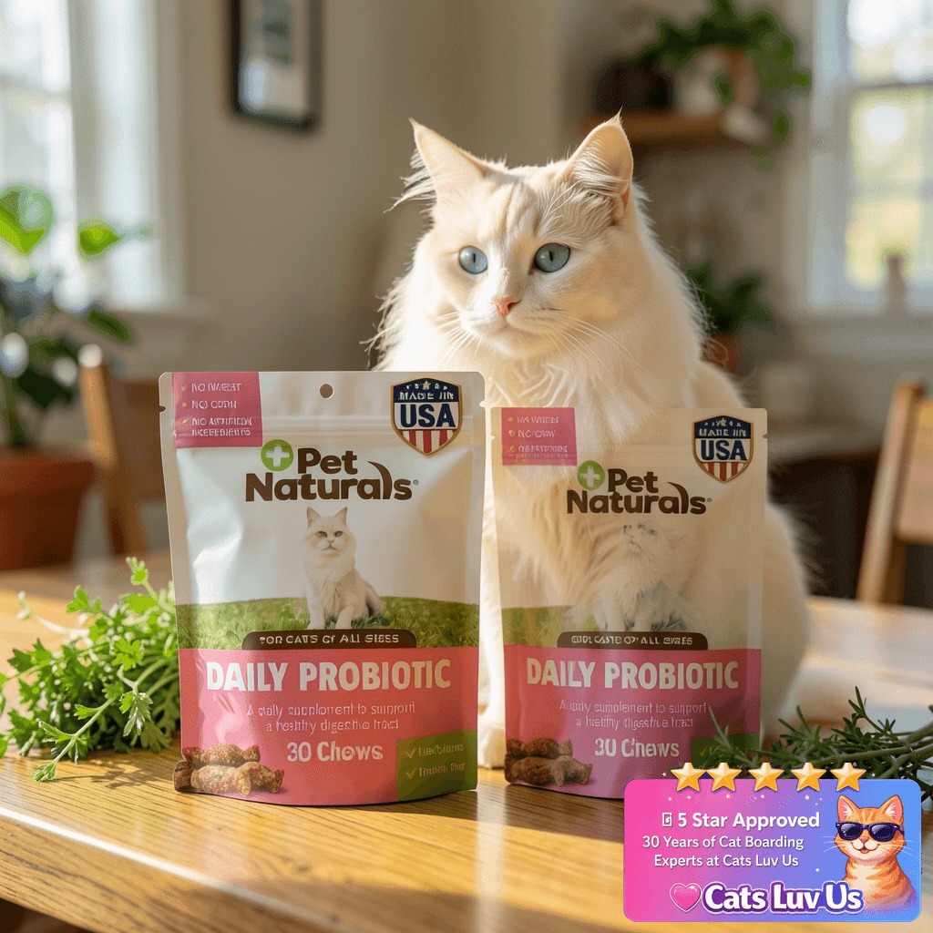 Pet Naturals Daily Probiotic Soft Chews for Cats with cat - professional product lifestyle photo