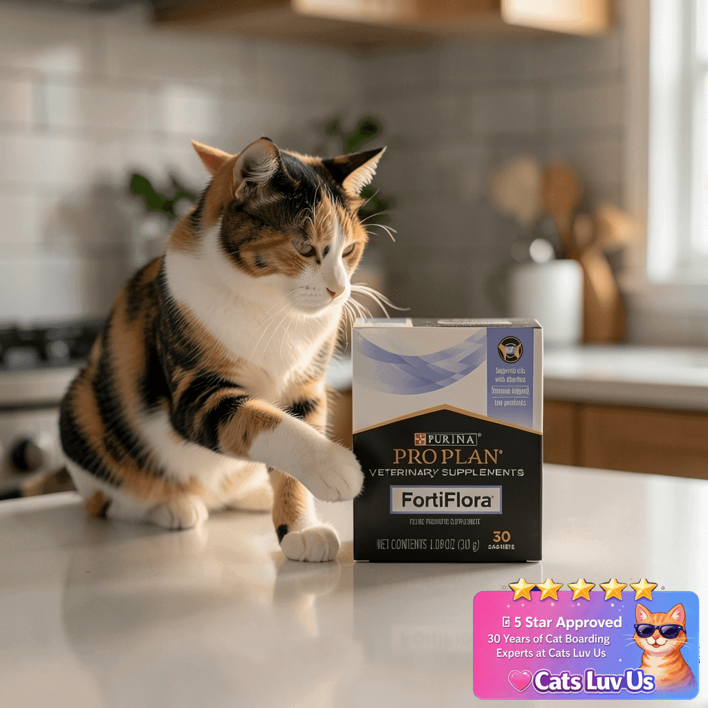 Purina Pro Plan Veterinary Supplements FortiFlora Daily with cat - professional product lifestyle photo