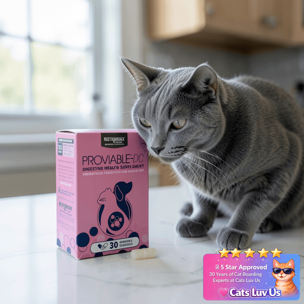Nutramax Proviable Probiotics for Dogs and Cats with cat - professional product lifestyle photo