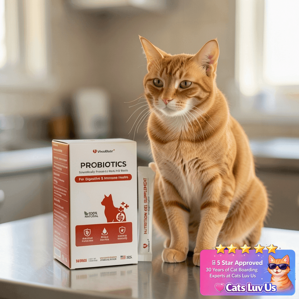 Probiotics for Cats & Digestive Support Gel – Cat Probiotic with cat - professional product lifestyle photo