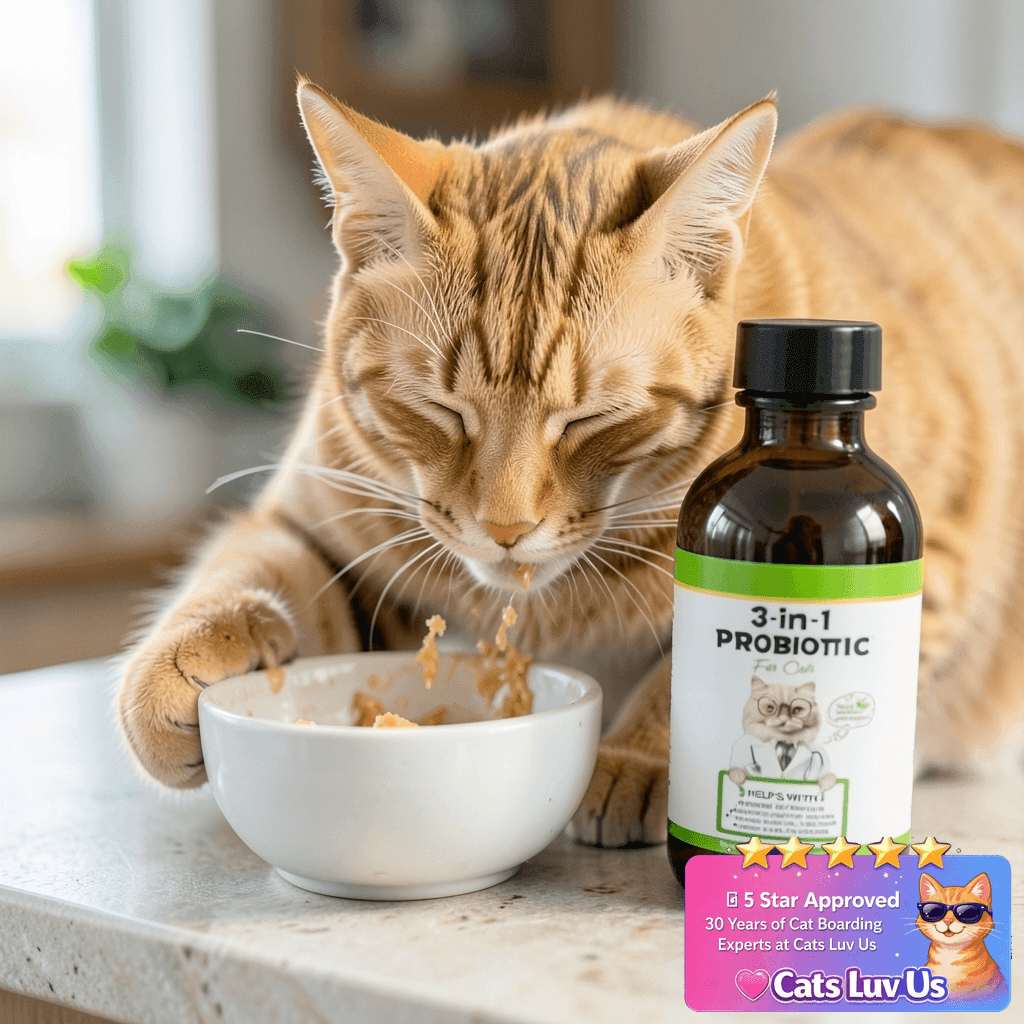 3-in-1 Probiotics for Cats with Digestive Enzymes & with cat - professional product lifestyle photo