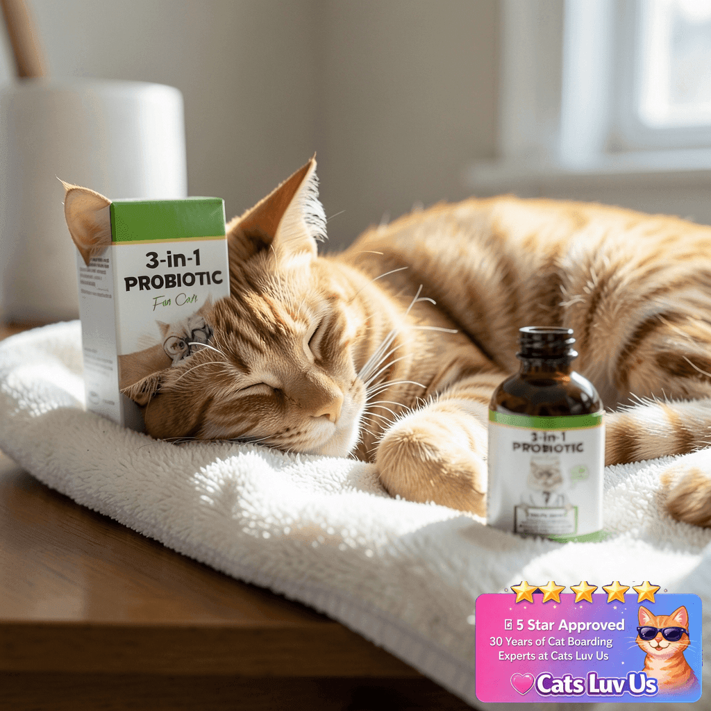 3-in-1 Probiotics for Cats with Digestive Enzymes & with cat - professional product lifestyle photo