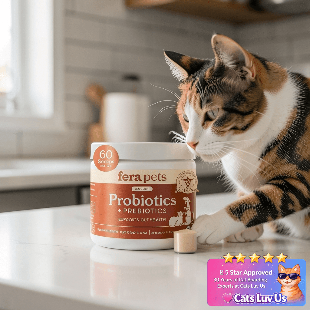Fera Pets Probiotics for Dogs & Cats with Prebiotics - USDA with cat - professional product lifestyle photo