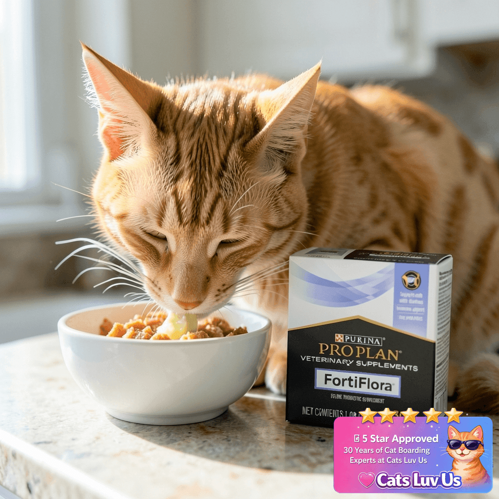 Purina Pro Plan Veterinary Supplements FortiFlora Daily with cat - professional product lifestyle photo
