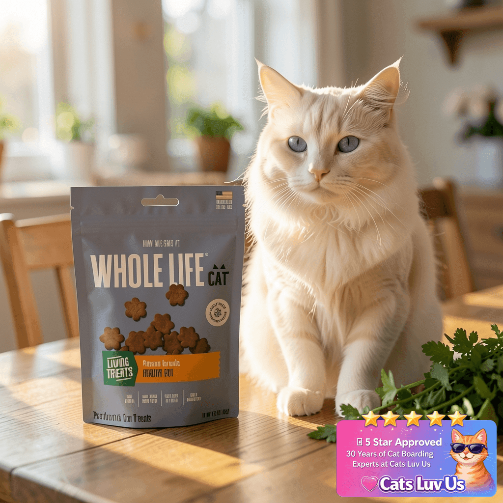 Whole Life Cat Living Treats for Cats – Human Grade with cat - professional product lifestyle photo