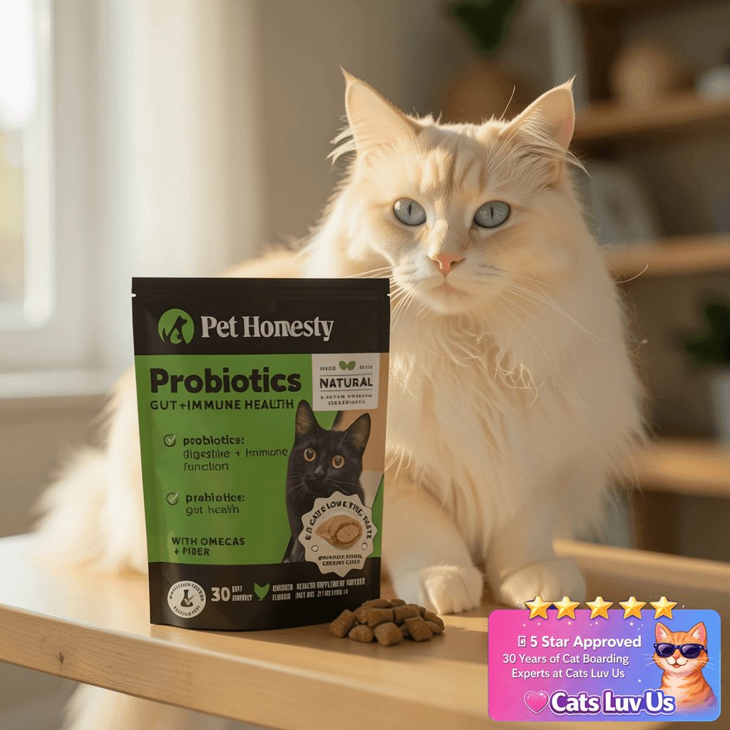Cat Probiotics Gut + Immune Health Chews – Crunchy & Creamy with cat - professional product lifestyle photo