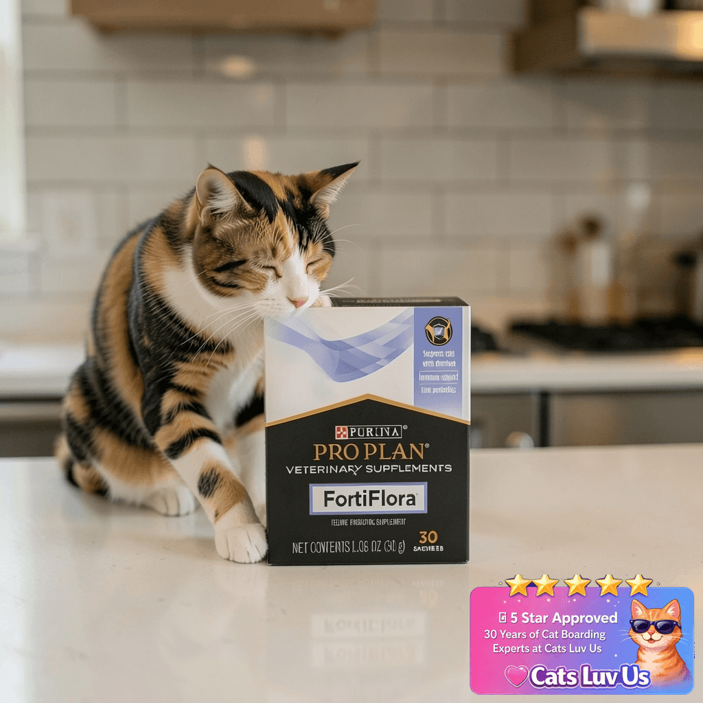 Purina Pro Plan Veterinary Supplements FortiFlora Daily with cat - professional product lifestyle photo