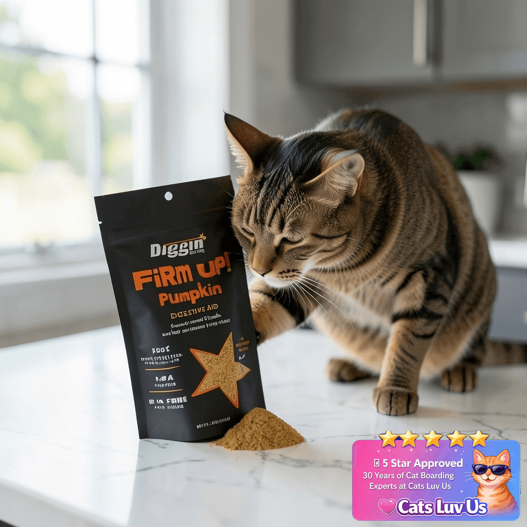 Diggin' Your Dog – Firm Up Pumpkin for Dogs & Cats – Fiber with cat - professional product lifestyle photo