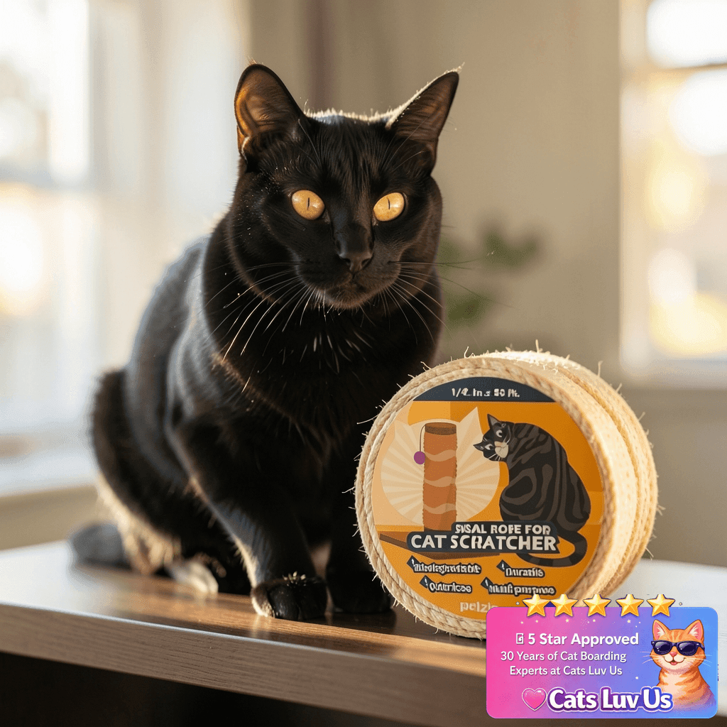 Pelzin Natural Sisal Rope for Cat Scratcher - 1/4 Inch by 50 with cat - professional product lifestyle photo