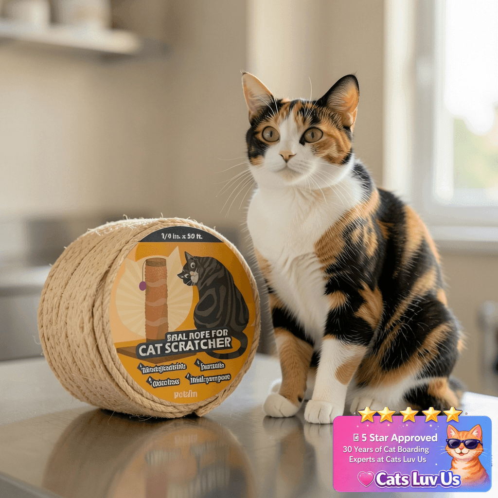 Pelzin Natural Sisal Rope for Cat Scratcher - 1/4 Inch by 50 with cat - professional product lifestyle photo