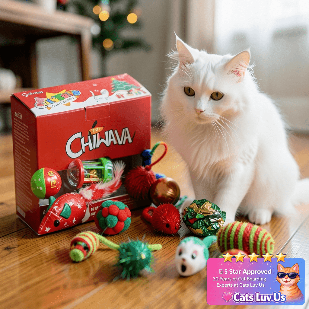 CHIWAVA 17 Pack Christmas Cat Toy Bag Set Assorted Toys with cat - professional product lifestyle photo