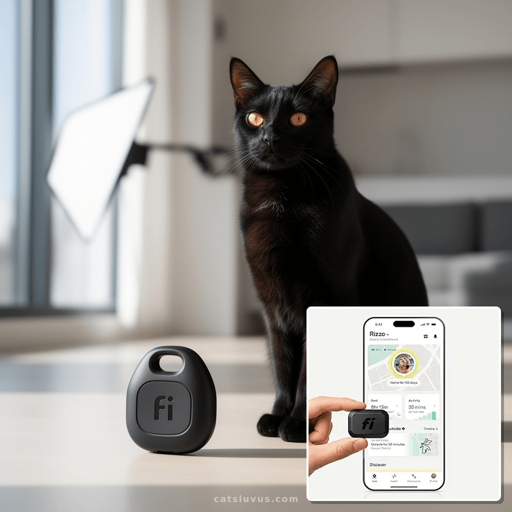 Fi Mini GPS Tracker for Cats — Lightweight Collar Attachment with cat - professional product lifestyle photo