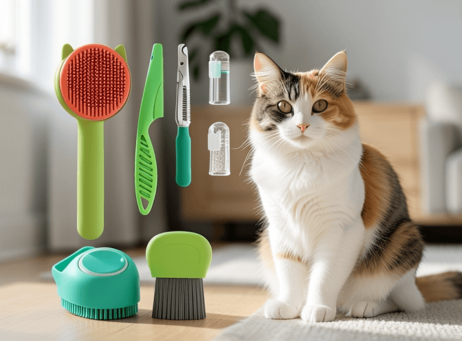 Cat owner reviewing cat grooming brushes and combs for kittens options for their pet in 2026