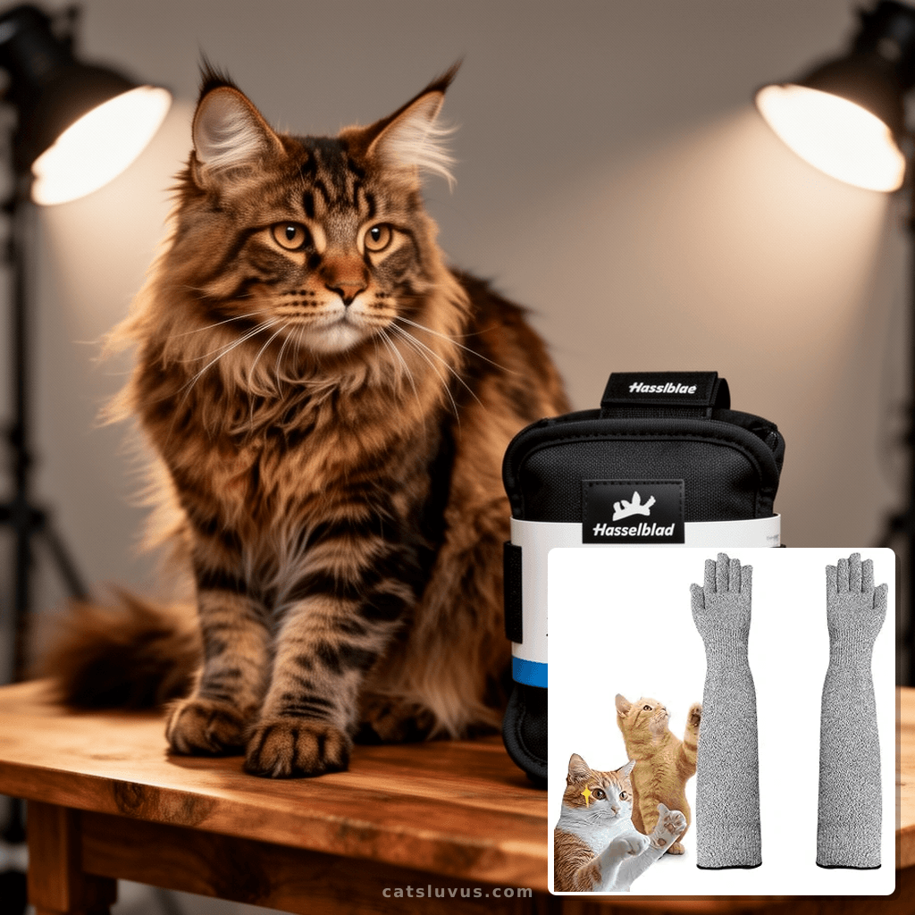 Pet Grooming Gloves with cat - professional product lifestyle photo